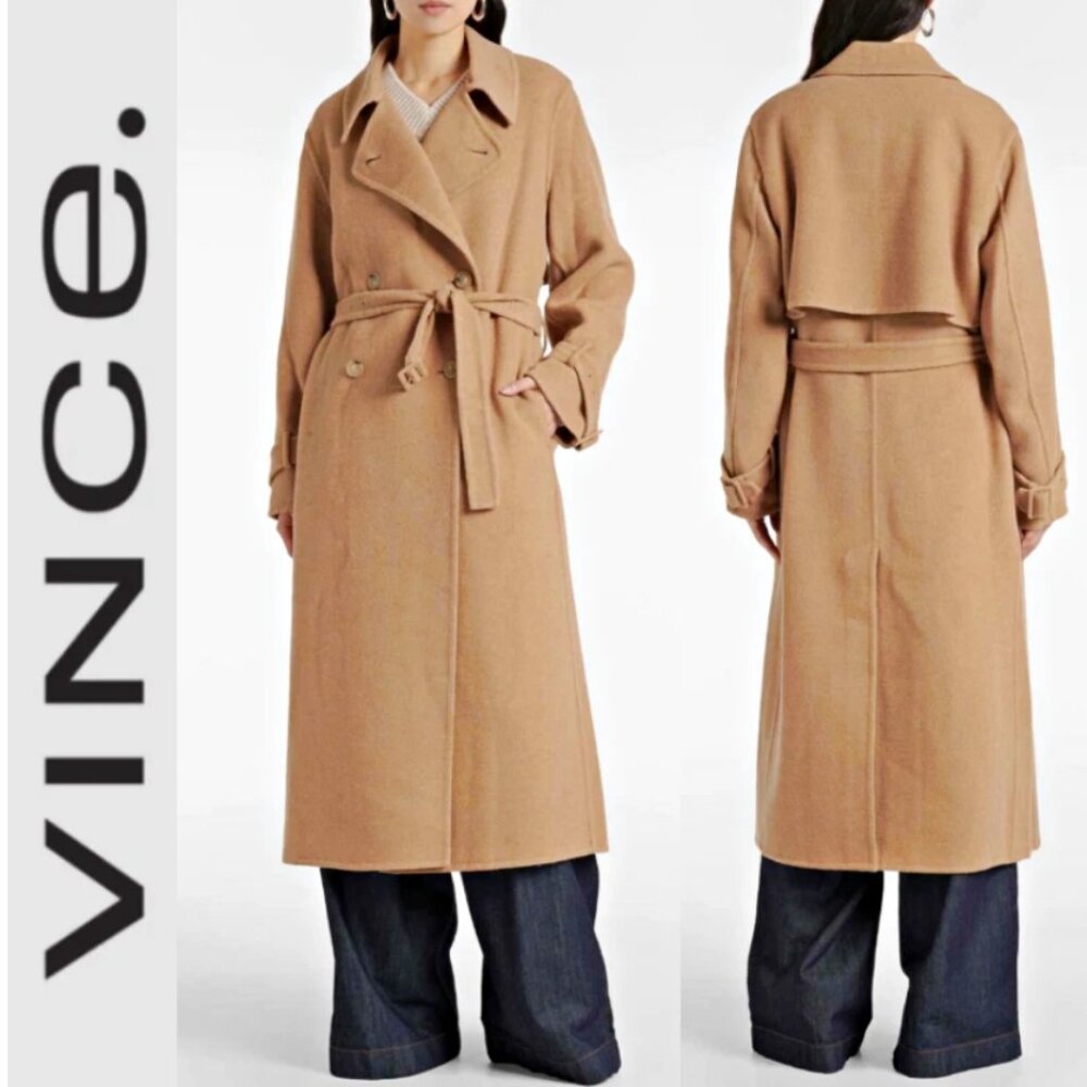 Vince Double-Breasted Belted Italian-Wool-Blend 50"Long Trench Coat sz L $1050